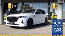 Der gestetese Mazda CX-60 mit Sechszylinder-Diesel an der Tankstelle mit Infos zu Verbrauch und Spritkosten Der gestetese Mazda CX-60 mit Sechszylinder-Diesel an der Tankstelle mit Infos zu Verbrauch und Spritkosten