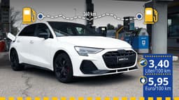 Der getestete Audi A3 45 TFSI e an der Tankstelle Der getestete Audi A3 45 TFSI e an der Tankstelle