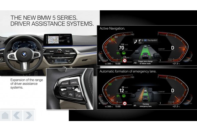 BMW 545e xDrive 2020 das teilautonome Fahrsystem unterstützt nun Auch automatische Spurwechsel Active Navigation oben und die Bildung der Rettungsgasse Emergency Lane unten